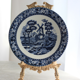 中古日本产复古青花风车城堡图案盘子甜品盘小食盘平盘釉下彩陶瓷