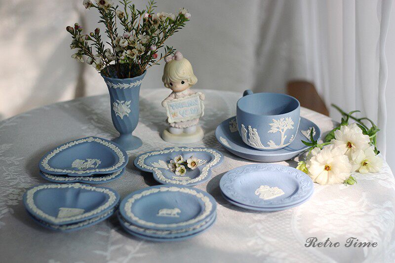 retro中古英国韦奇伍德wedgwood玉石浮雕蓝色花瓶咖啡杯碟小盘子