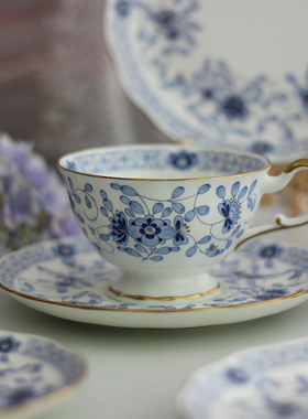 中古全新日本NARUMI鸣海米兰骨瓷咖啡杯碟青花鎏金红茶杯下午茶