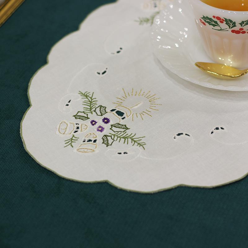 外贸绣花圣诞椭圆餐垫杯垫防尘巾