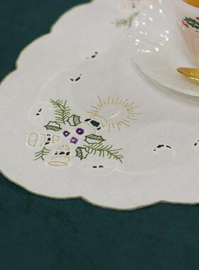 Retro外贸绣花圣诞椭圆餐垫杯垫防尘盖巾铃铛摄影道具田园复古风