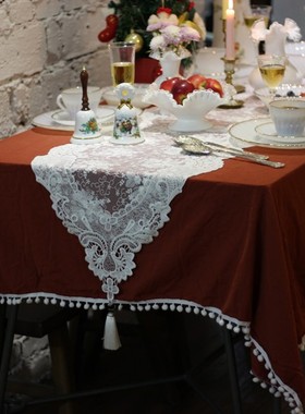 Retro水洗棉红色小白球圆桌方桌餐桌布桌巾圣诞蕾丝桌旗烛光晚餐