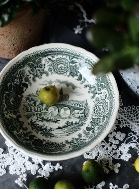 Retro中古德国V&B 唯宝复古墨绿色花卉风景小碗甜品盘下午茶礼物