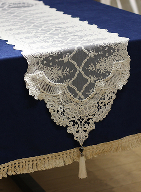 Retro手工法式桌旗白色绣花蕾丝流苏茶几餐桌电视柜边柜盖布美式