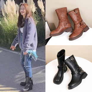 一路繁花李小冉同款鞋真皮皮带扣马丁靴女加绒厚底西部牛仔短靴子