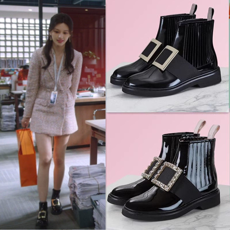 以爱为营沈羽洁秦时月同款水钻方扣短靴漆皮平底女鞋子加绒马丁靴,女鞋,时装靴,淘宝优惠券,粉丝福利购,淘宝优惠卷