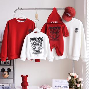 蛇年婴儿亲子装2025新款秋冬全家福红色卫衣一家三口母子母女上衣