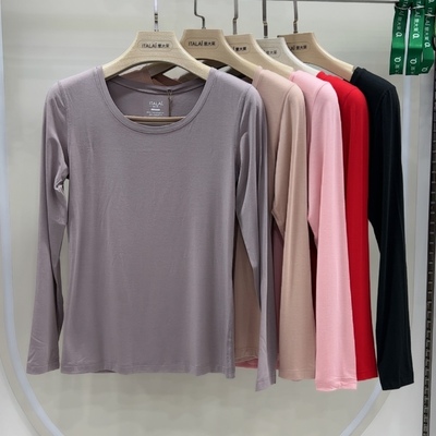 意大莱女士超薄蚕丝肌肤衣圆领内衣莫代尔打底衫长袖内搭秋衣9778