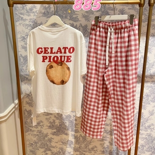日单GP舒适纯棉家居服套装女曲奇饼干短袖t恤格子长裤可外穿睡衣
