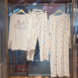 日系gp可爱小熊卡通动物印花圆领女士睡衣长袖长裤家居服套装睡裙