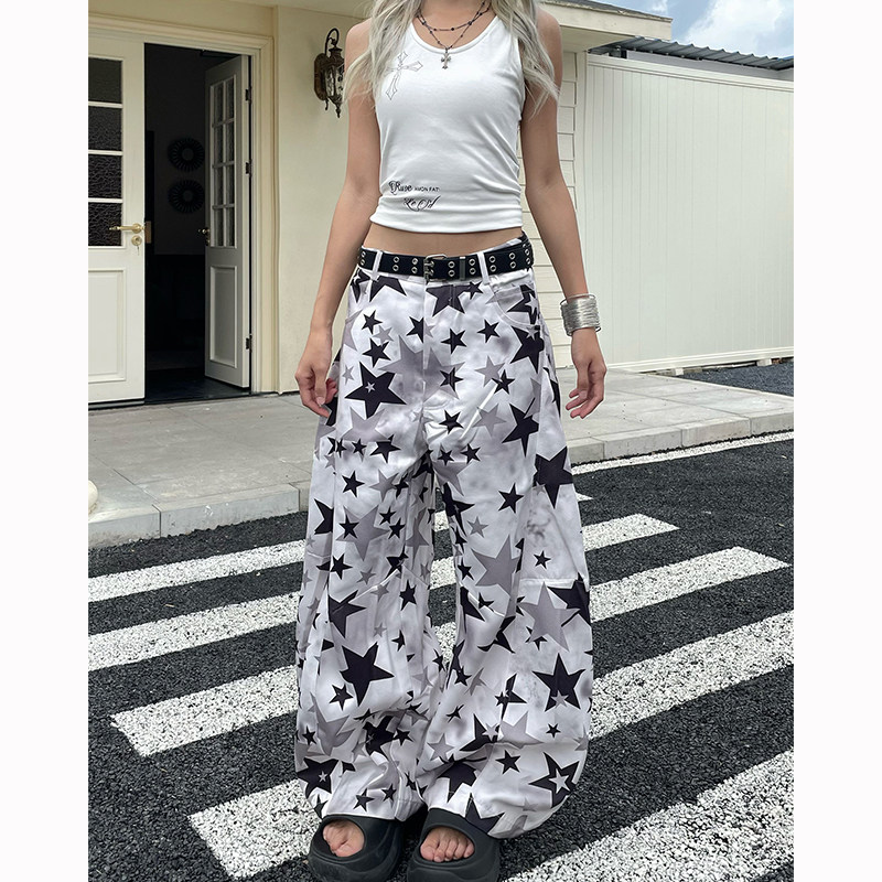 美式复古星星满印渐变阔腿休闲裤