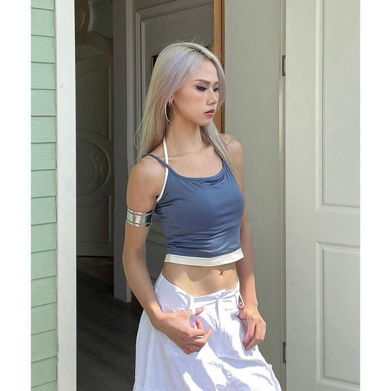 弹力百搭撞色层次上衣挂脖辣妹