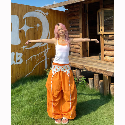 美式多巴胺休闲工装橘色伞兵长裤