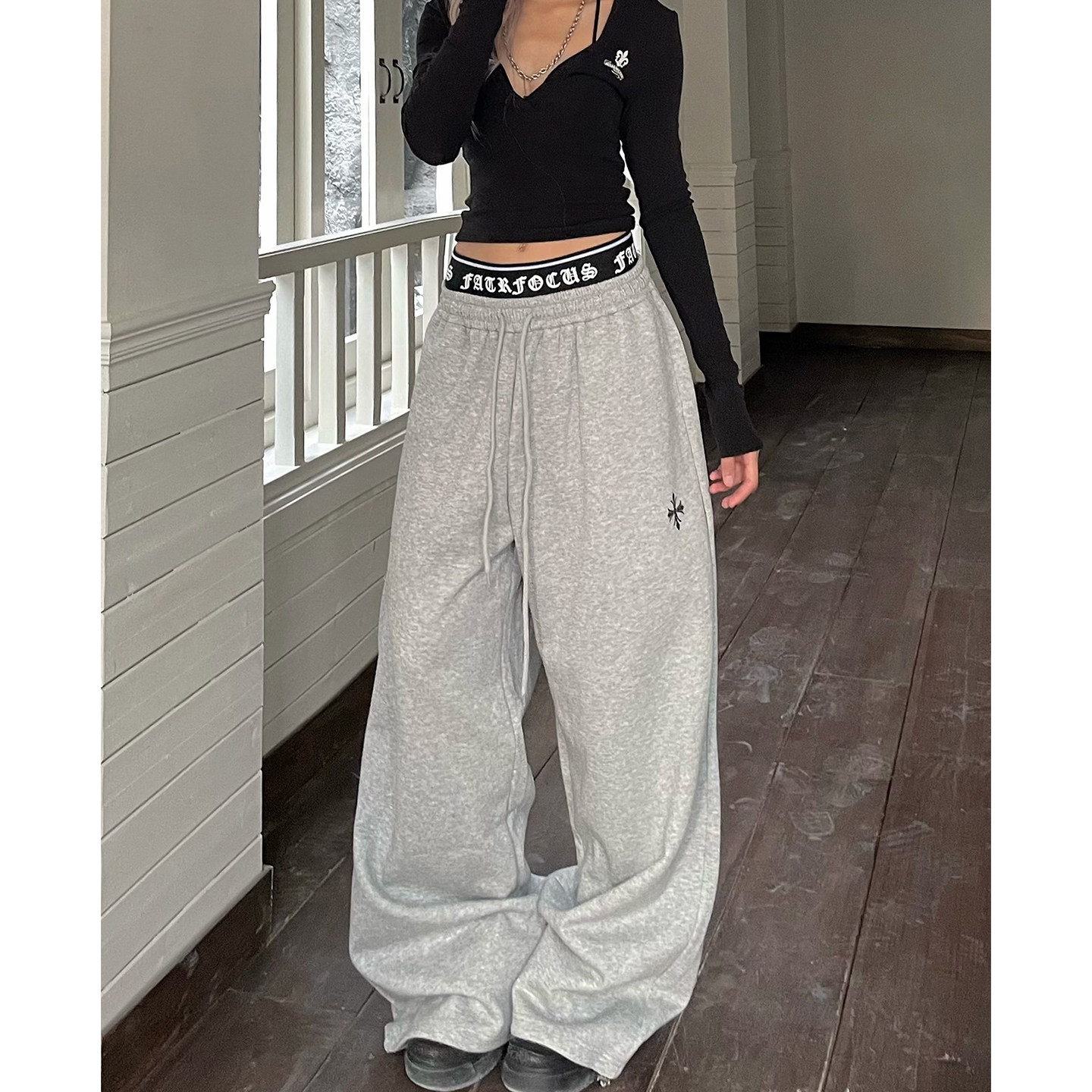 美式哥特风双腰头十字架休闲裤