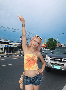 YAMMYUKI复古美式海岛风辣妹露背印花紧身黄色抹胸背心女无袖上衣