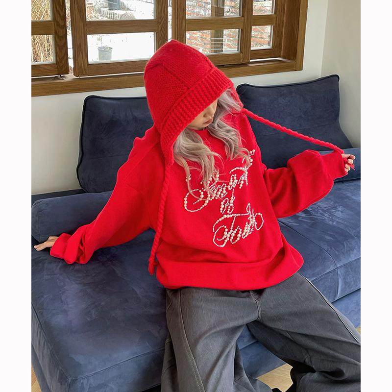 早秋立体珍珠字母宽松卫衣情侣