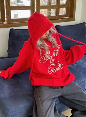 YAMMYUKI早秋美式复古立体珍珠字母圆领长袖套头宽松卫衣情侣