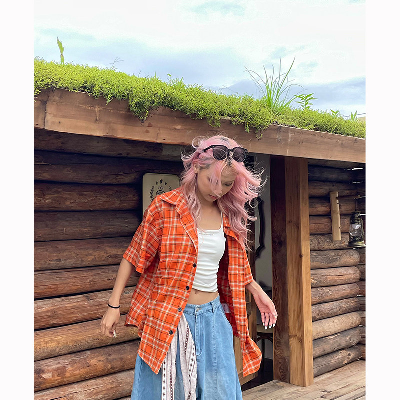 美式复古橘色多巴胺格纹短袖衬衫