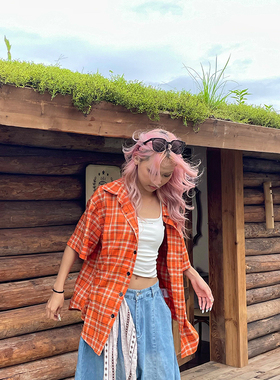 YAMMYUKI美式复古橘色多巴胺格纹短袖衬衫男女款宽松休闲开衫外套