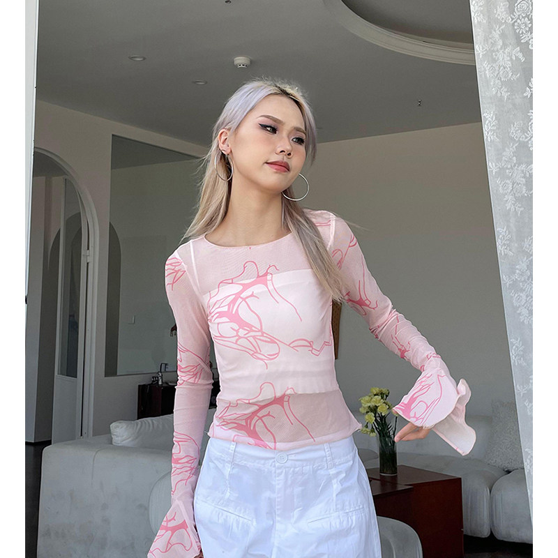 YAMMYUKI甜辣妹网纱印花粉色长袖性感修身薄款透视防晒罩衫喇叭袖,女装/女士精品,T恤,淘宝优惠券,粉丝福利购,淘宝优惠卷