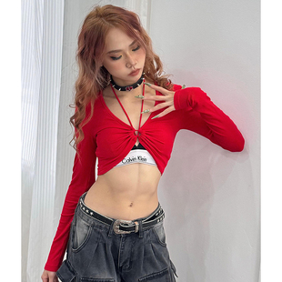 YAMMYUKI欧美辣妹爵士性感镂空红色绑带露腰紧身显瘦长袖短上衣
