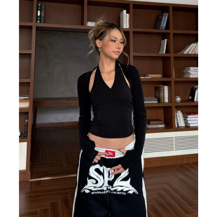 YAMMYUKI美式黑色V领罩衫两件套长袖T恤女修身显瘦爵士短外套上衣