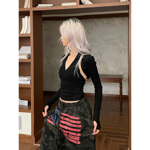 YAMMYUKI美式黑色V领罩衫两件套长袖T恤女修身显瘦爵士短外套上衣