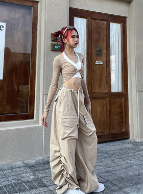 YAMMYUKI美拉德风辣妹抽绳大口袋工装降落伞跳舞百搭轻薄高腰长裤