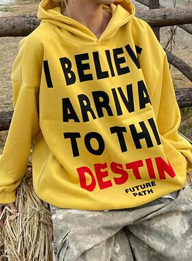 YAMMYUKI美式字母印花黄色连帽卫衣OVERSIZE宽松休闲百搭长袖上衣