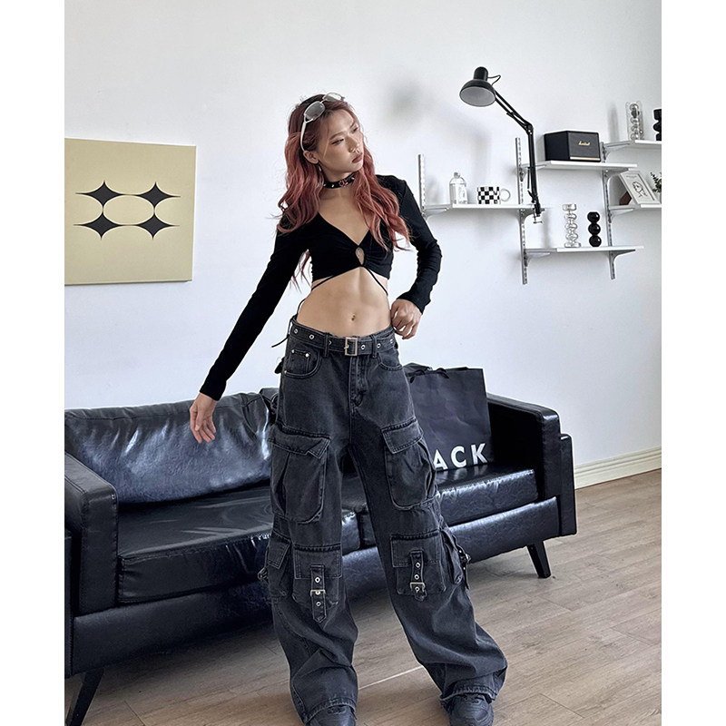 辣妹街头牛仔直筒阔腿工装长裤