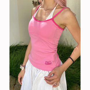YAMMYUKI美式撞色假两件挂脖吊带背心女夏季辣妹显瘦带胸垫上衣