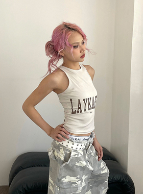 YAMMYUKI夏季三色字母印花欧美露脐修身工字圆领打底美背辣妹背心