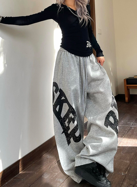 YAMMYUKI美式复古做旧字母印花抽绳弯刀卫裤宽松爵士舞显瘦阔腿裤