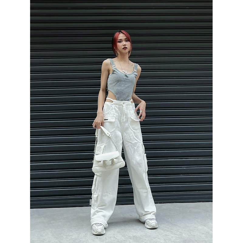 YAMMYUKI欧美街头辣妹绑带宽松阔腿拖地休闲白色工装长裤爵士舞女,女装/女士精品,牛仔裤,淘宝优惠券,粉丝福利购,淘宝优惠卷