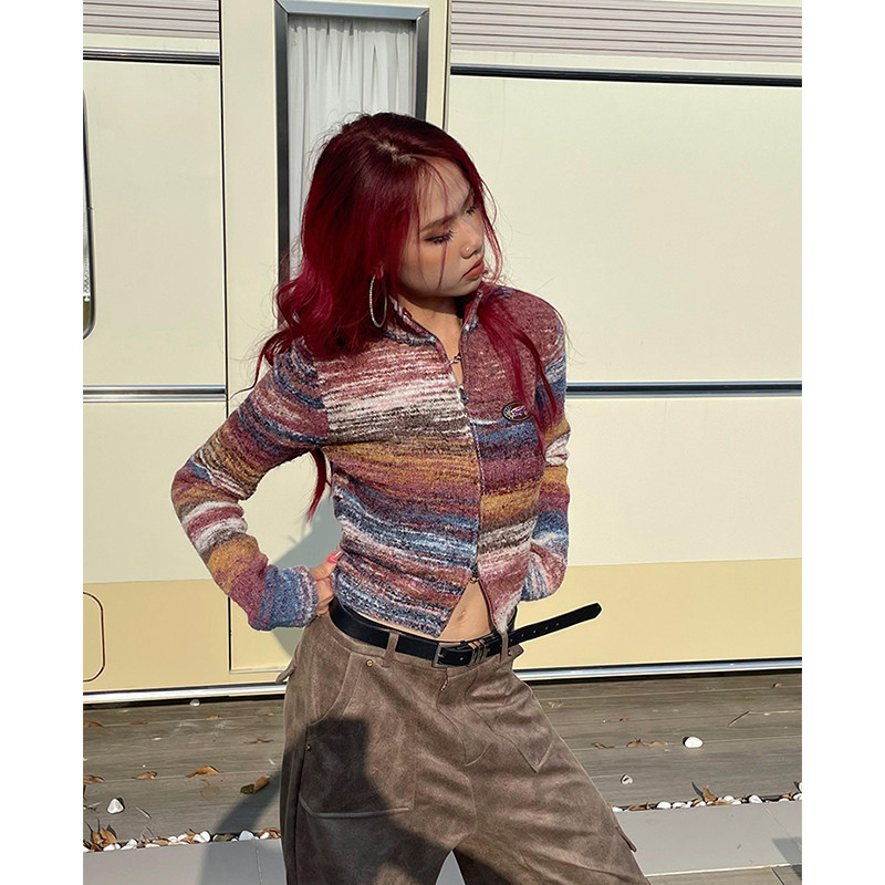 慵懒风短款宽松扎染开衫毛衣