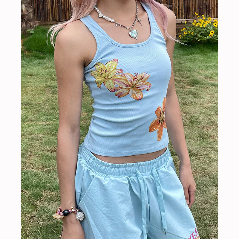 美式甜辣妹百合花朵印花工字背心