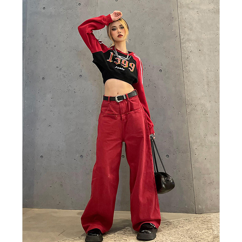 美式复古口袋红色直筒显瘦牛仔裤