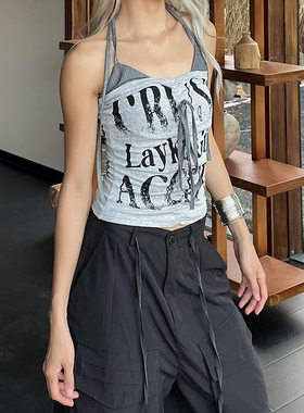 YAMMYUKI美式辣妹撞色字母印花绝美挂脖吊带背心拼接收腰外穿上衣