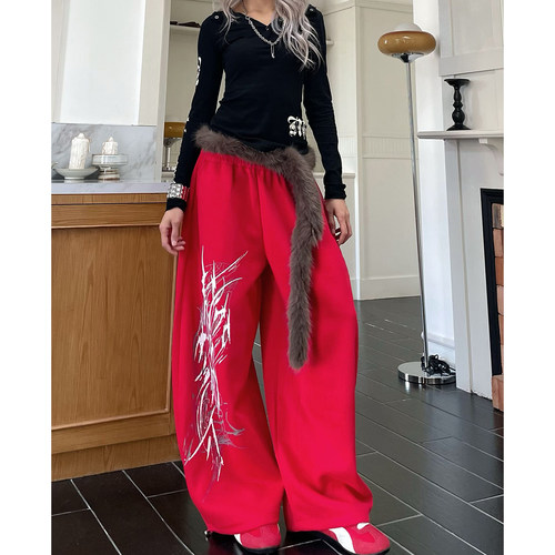 美式复古小众可拆卸毛绒腰带卫裤