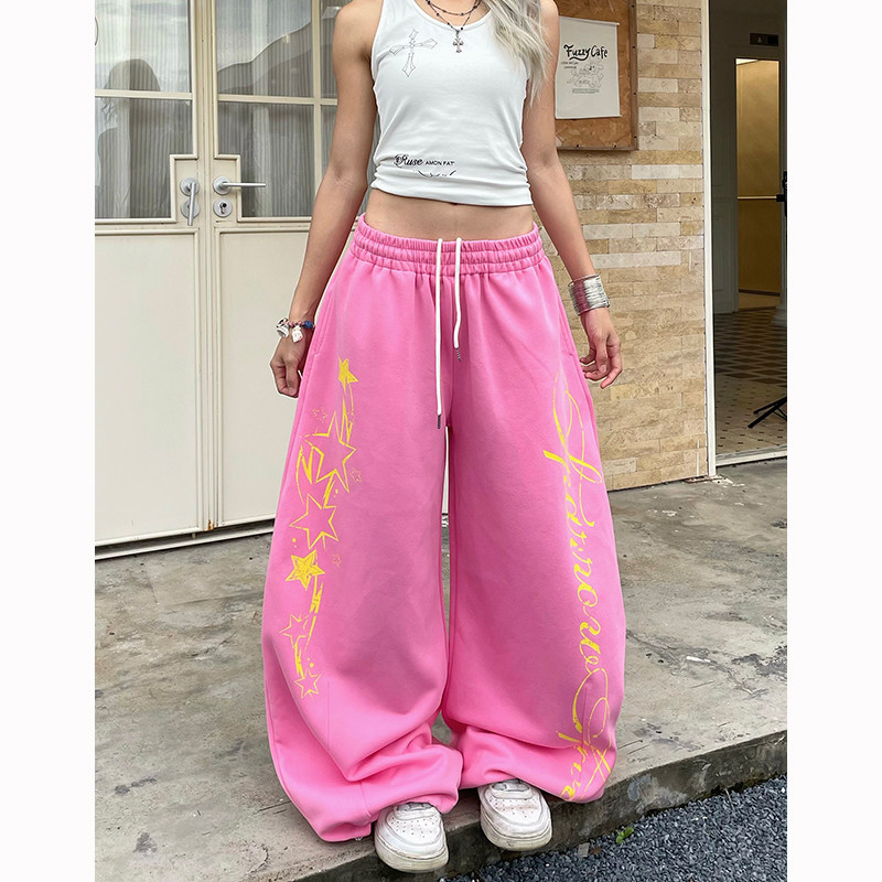 粉色星星字母印花阔腿宽松卫裤