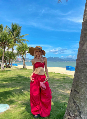 YAMMYUKI欧美性感辣妹百搭可外穿带胸垫跳舞抹胸红色修身显瘦夏