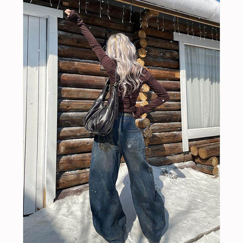 廓形弯刀香蕉水洗做旧牛仔长裤