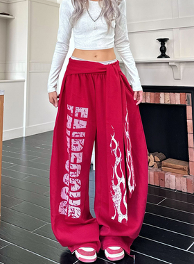 YAMMYUKI美式复古小众火焰可拆卸飘带休闲跳舞宽松直筒阔腿运动裤