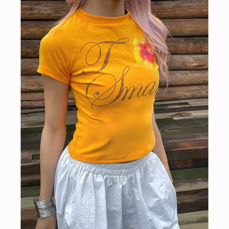 美式辣妹字母花朵印花短袖T恤女