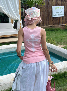 YAMMYUKI美式复古字母印花收腰无袖粉色背心女夏宽松休闲显瘦上衣