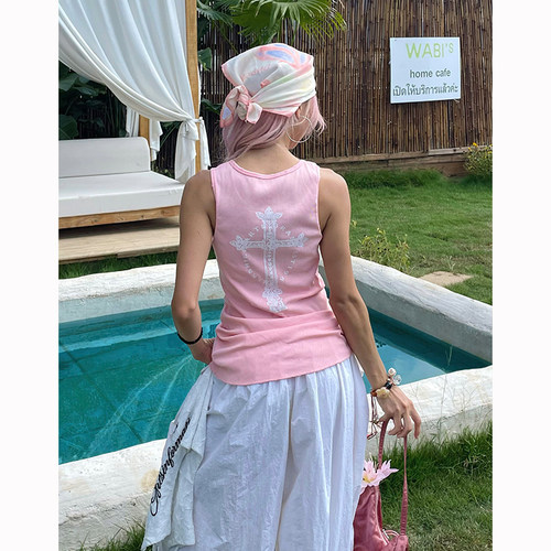 美式复古字母印花收腰无袖背心女