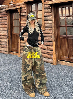 YAMMYUKI美式复古字母印花迷彩阔腿休闲裤松紧腰宽松百搭拖地长裤