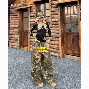 YAMMYUKI美式复古字母印花迷彩阔腿休闲裤松紧腰宽松百搭拖地长裤