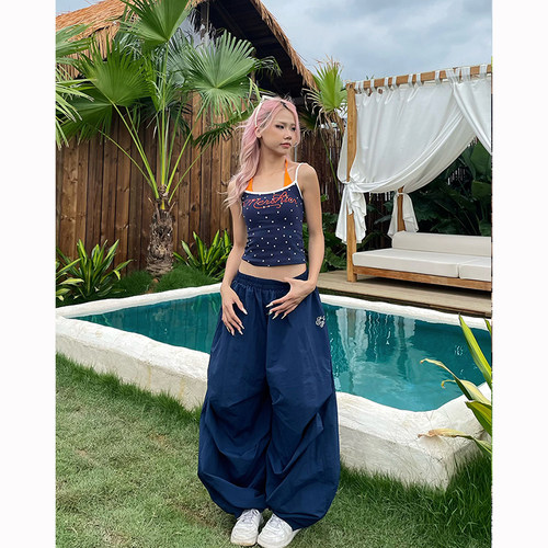 YAMMYUKI美式复古辣妹褶皱刺绣阔腿垂感休闲裤宽松慵懒拖地伞兵裤