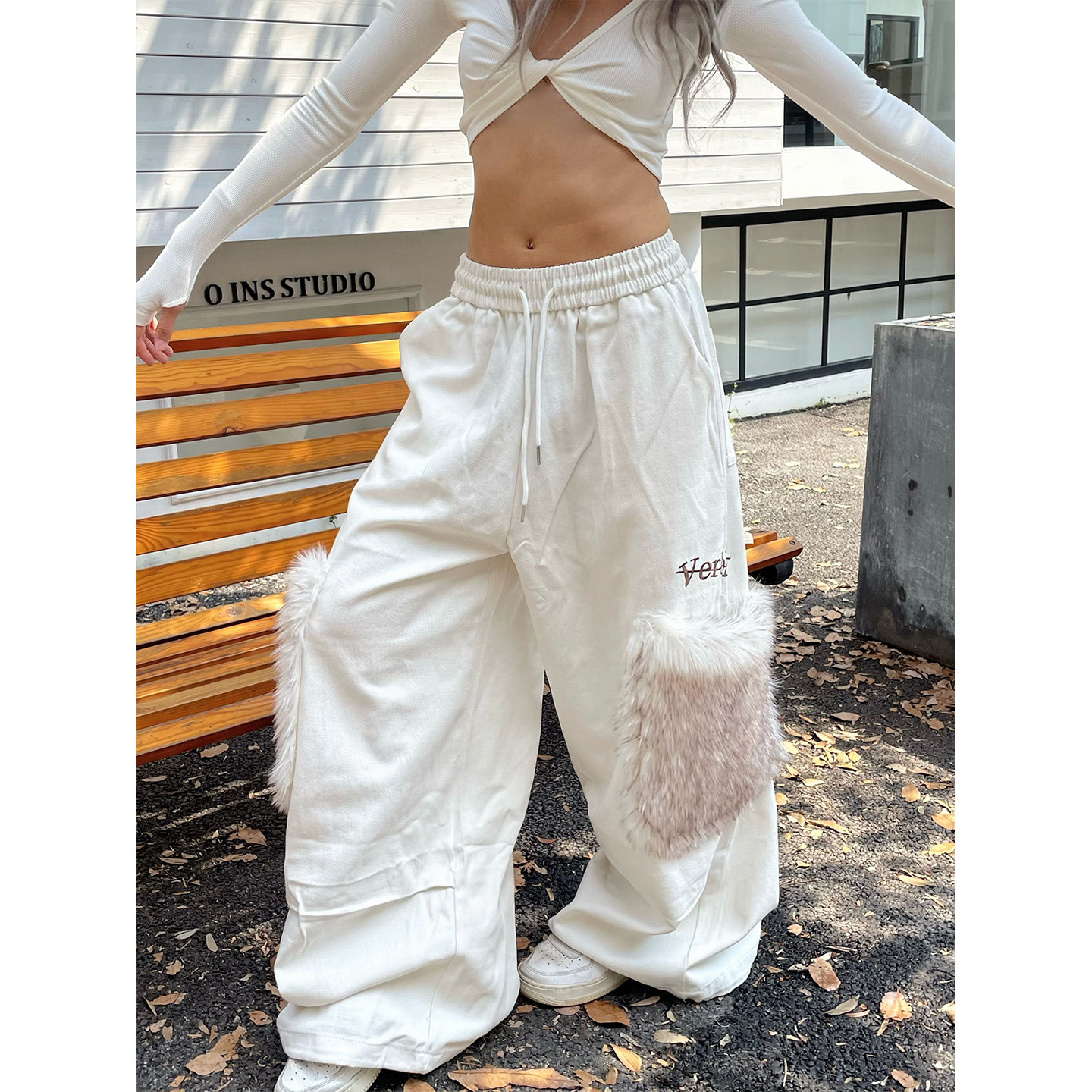 美式复古毛毛拼接褶皱工装裤